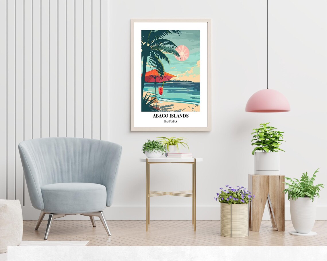 Abaco Islands Bahamas Retro Cocktail Under Palm Sunset Poster - Image 2