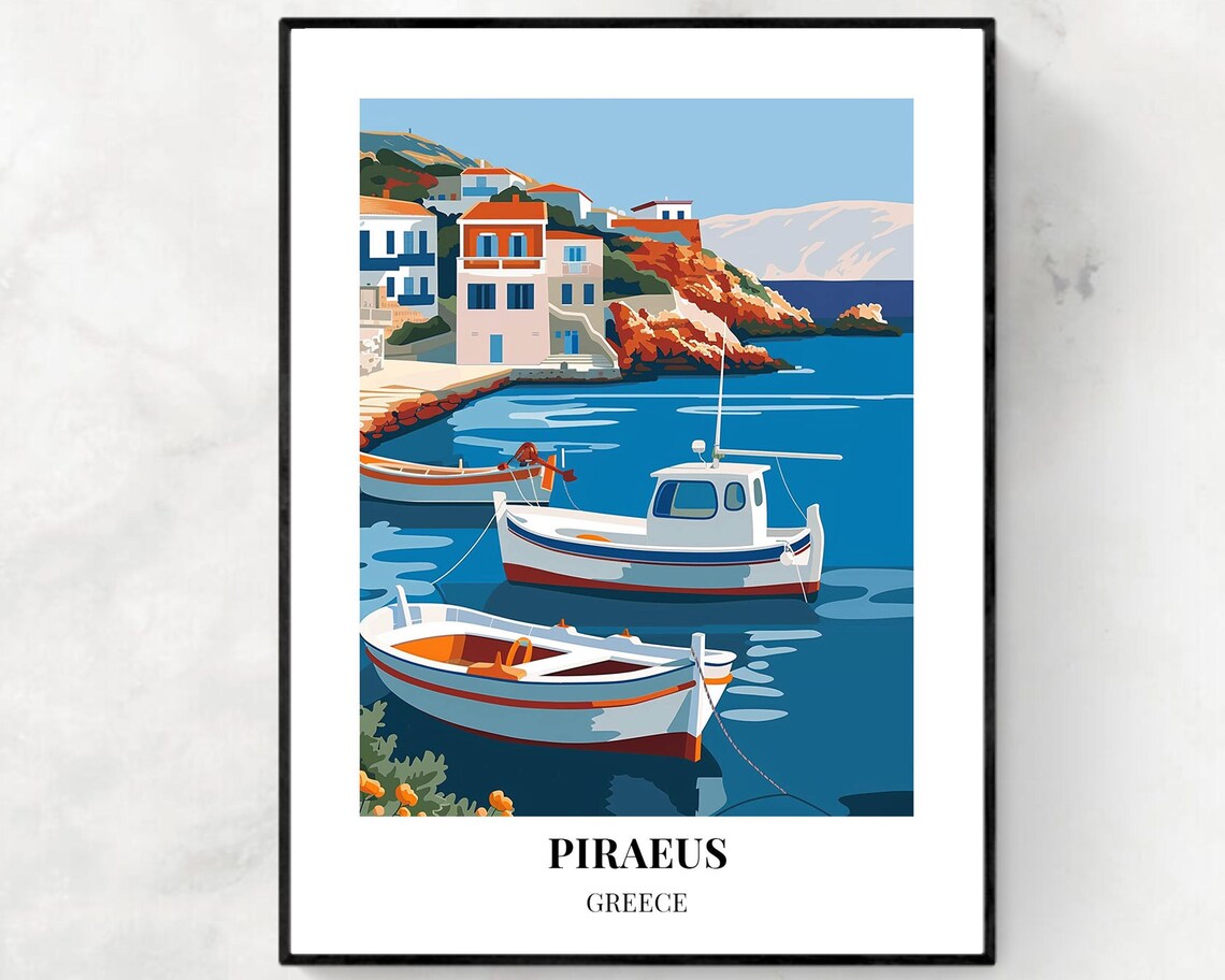 Piraeus Greece Daytime Harbor Poster with Fishing Boats and Sea