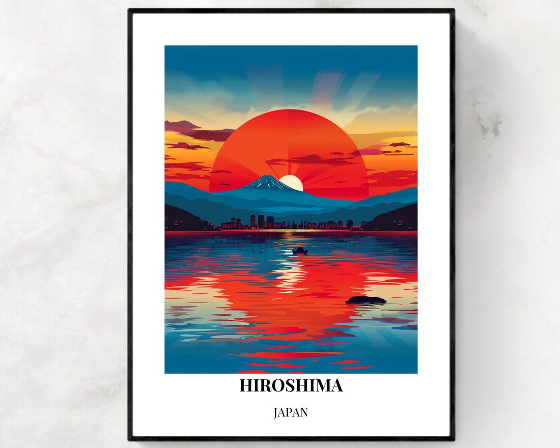 Hiroshima Japan Giant Red Sun Rising Over Bay City Travel Poster