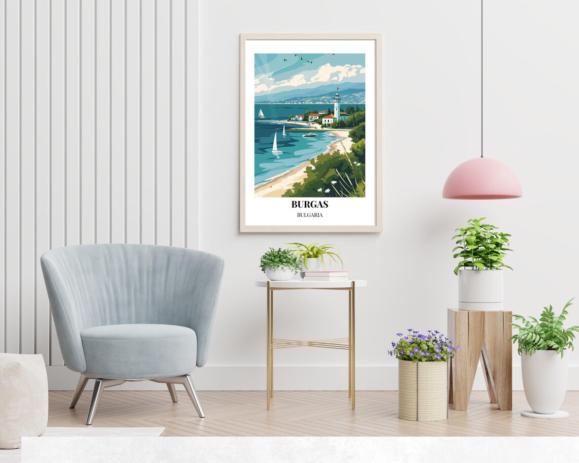 Burgas Bulgaria Lighthouse Beach with Sailboats Retro Travel Poster - Image 2