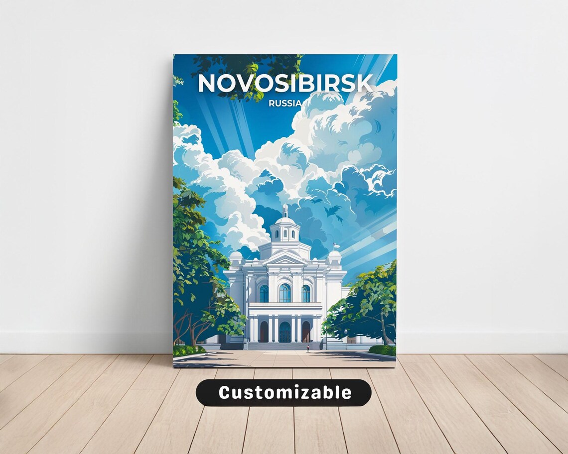 Novosibirsk Russia Vintage Travel Poster Blue Sky Landmark Art