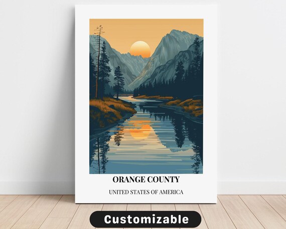 Orange County Mountain Lake Sunset Retro Scenic Travel Poster