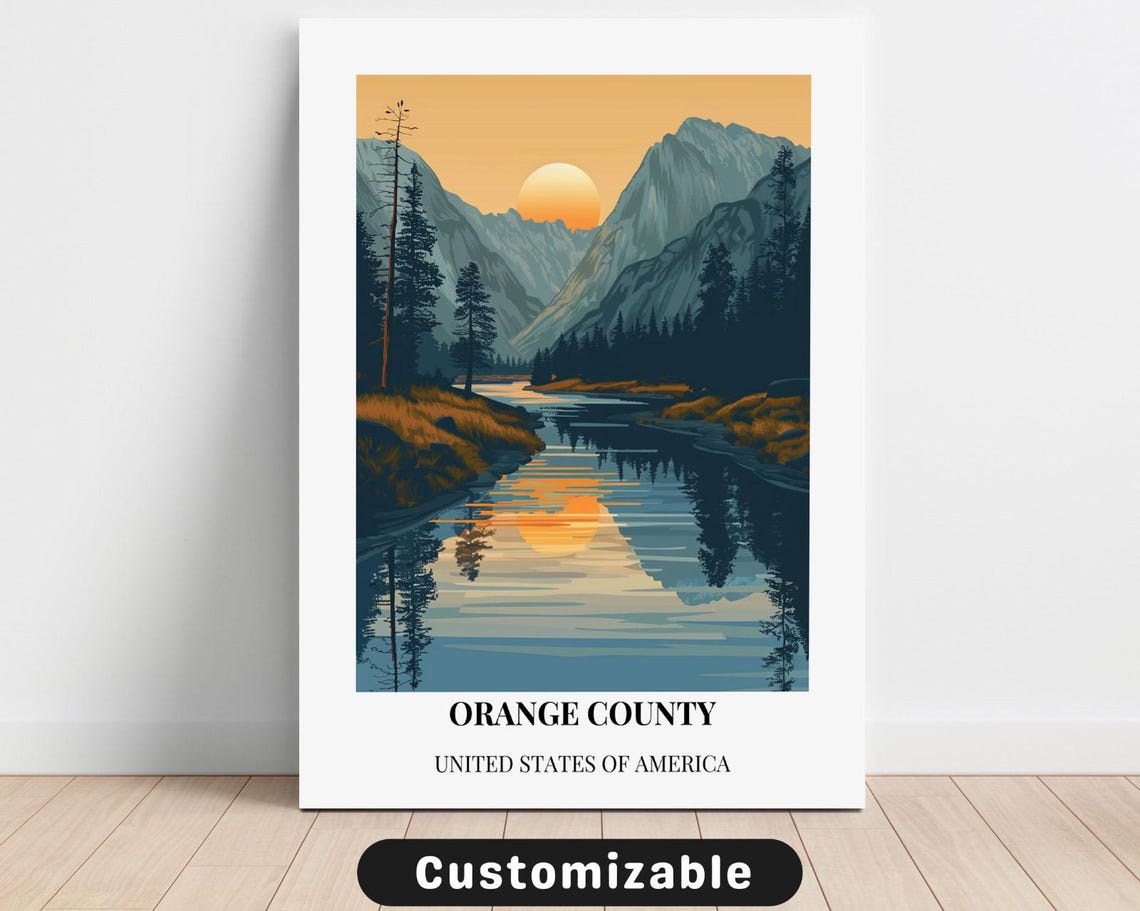 Orange County Mountain Lake Sunset Retro Scenic Travel Poster