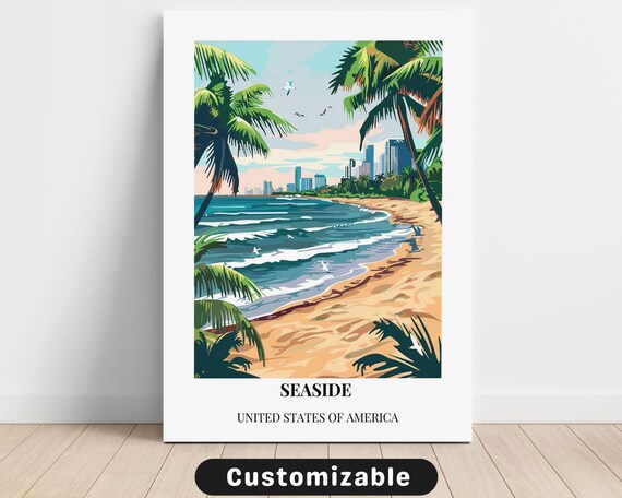 Seaside Palm Beach Ocean Waves Vintage Coastal Illustration Poster