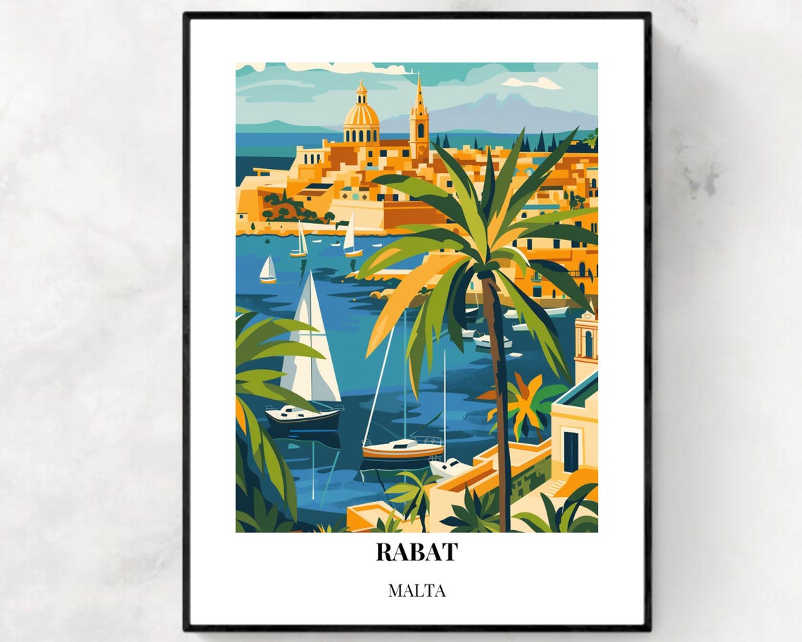 Rabat Malta Marina Sailboats Palm Trees Framed Travel Poster
