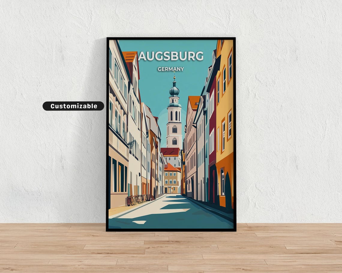 Augsburg Germany Teal Sky Old Town Street Vintage Travel Poster