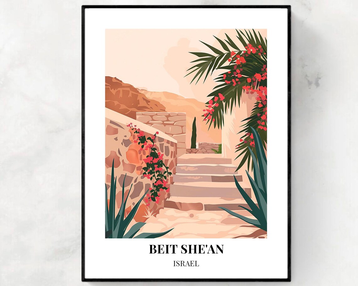 Beit Shean Israel Stone Staircase Bougainvillea Alley Poster