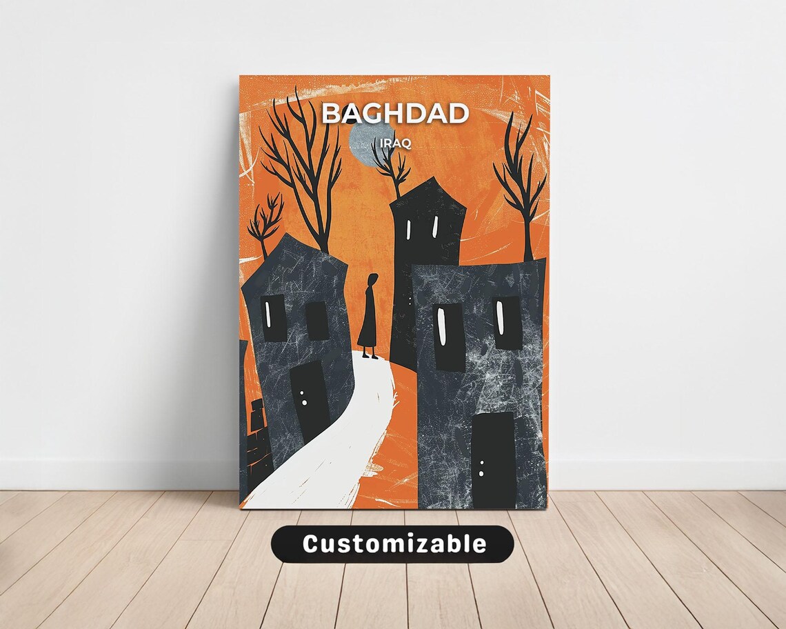 Baghdad Iraq Golden River Sunset Boats Retro Travel Art Poster