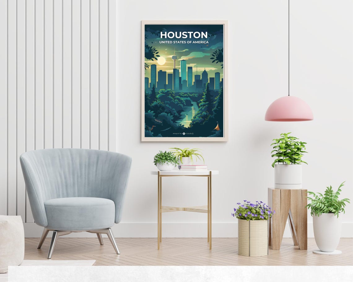 Houston Texas Dusk Night Skyline Tower Above Green Park Poster - Image 2