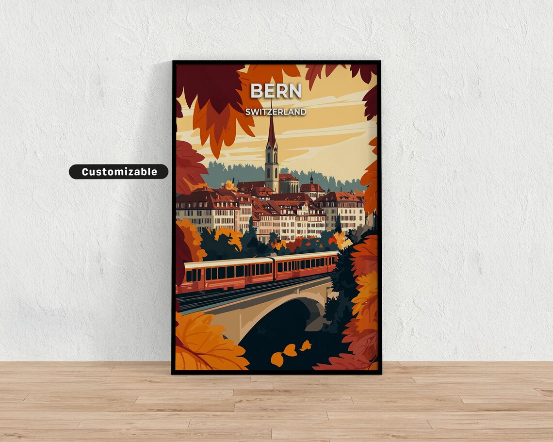 Bern Switzerland Autumn Train Bridge River Vintage Travel Poster
