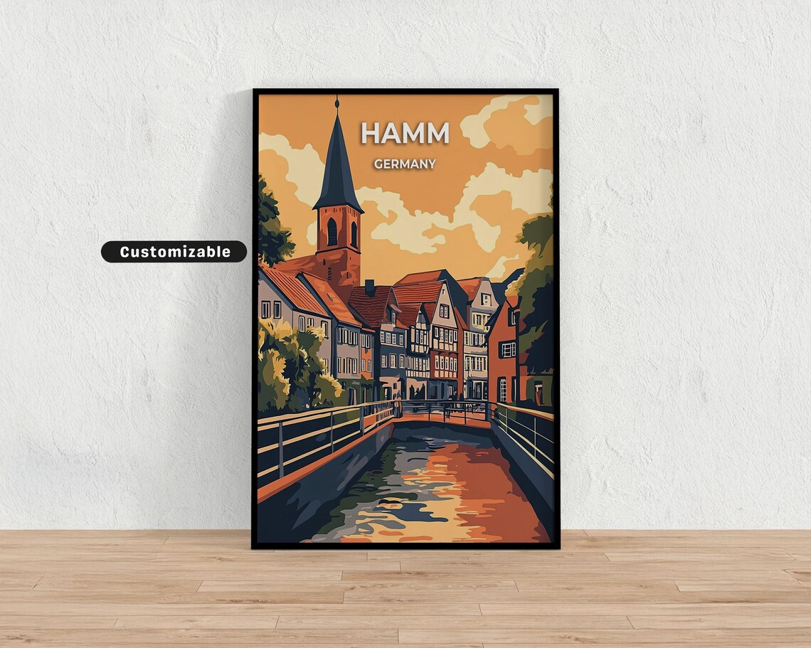 Hamm Germany Vintage Travel Art Canal And Historic Church Spire Poster