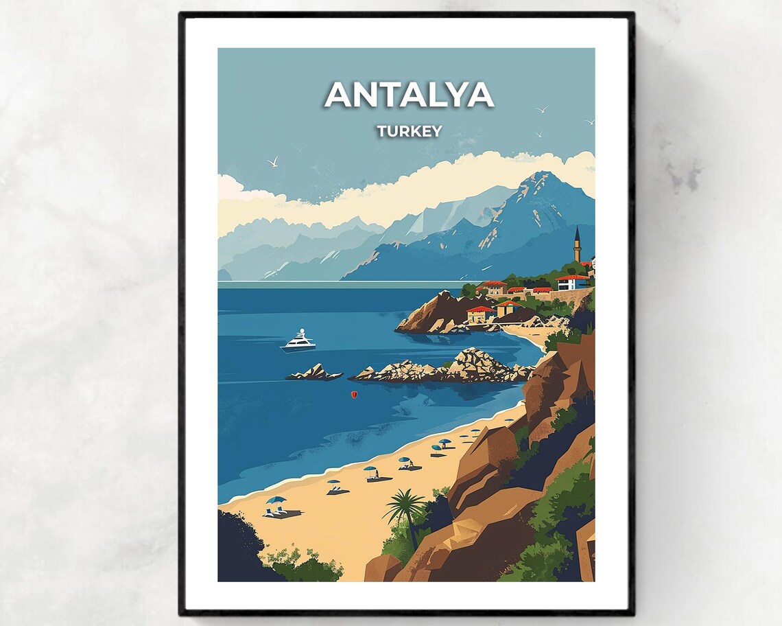 Antalya Turkey Mediterranean Beach and Taurus Mountains Travel Poster