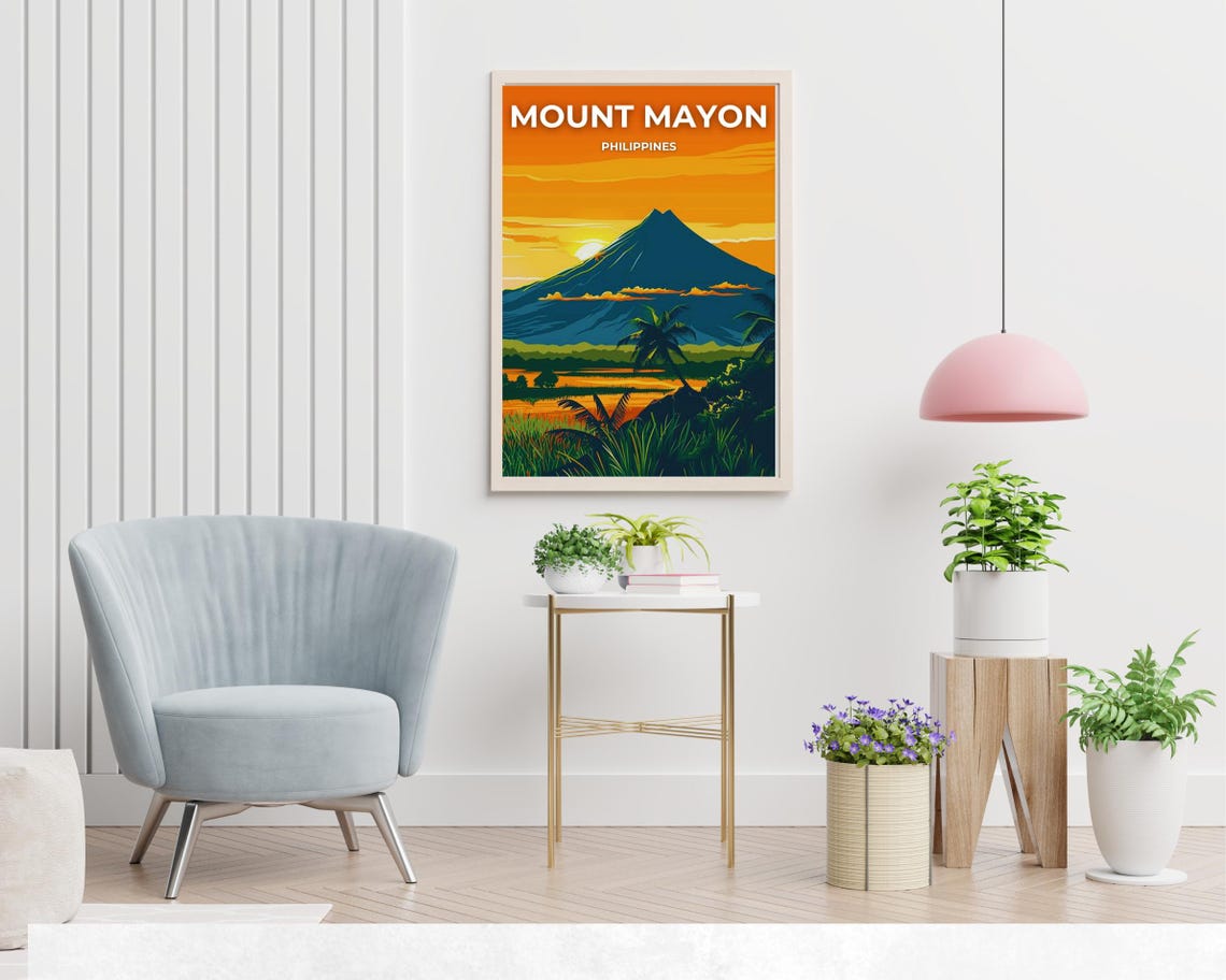 Mount Mayon Philippines Volcano Sunset Palm Silhouette Travel Poster - Image 2