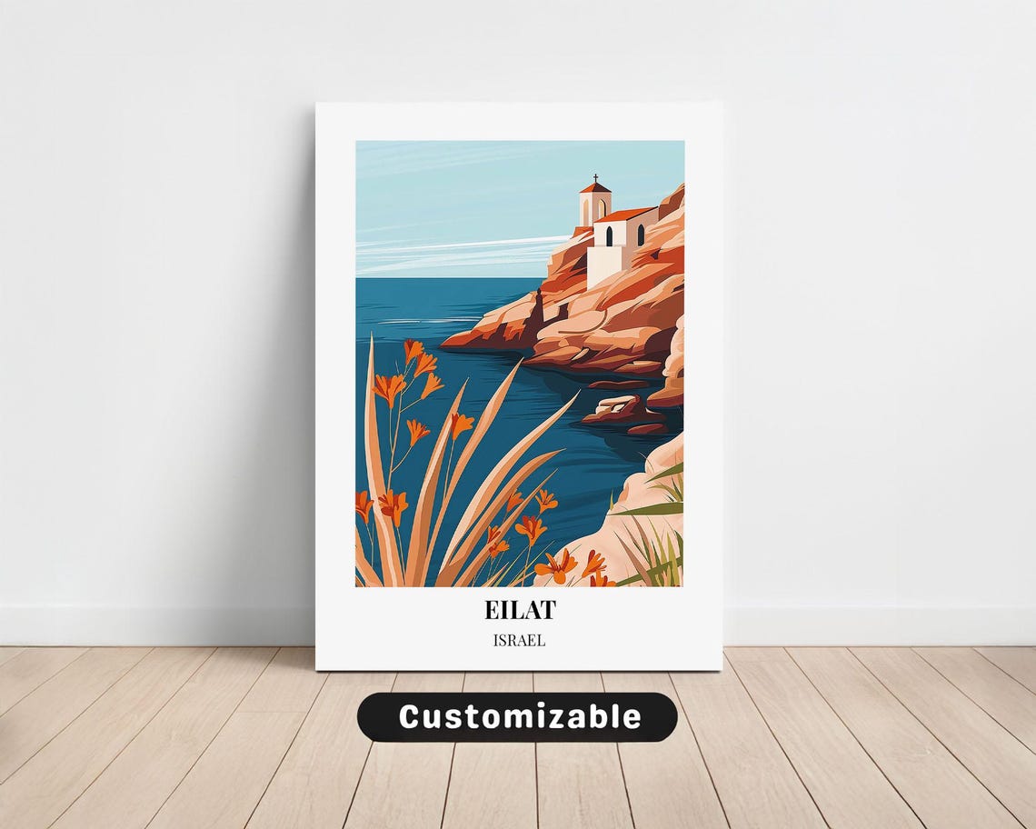 Eilat Israel Coastal Cliffs Blue Sea Vintage Travel Souvenir Poster