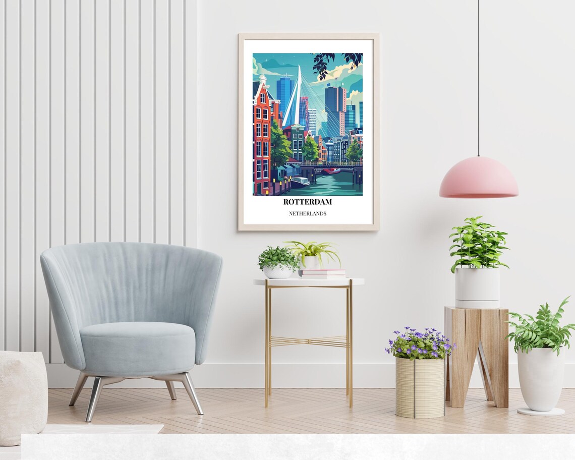 Rotterdam Netherlands Erasmus Bridge Skyline Art Travel Poster - Image 2