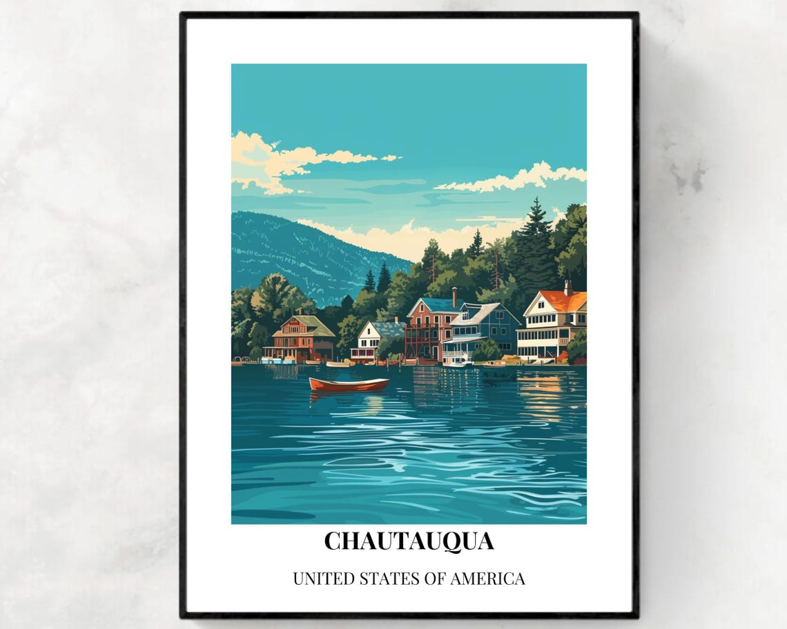 Chautauqua New York Lake Cottages Rowboat Bottom Title Travel Poster