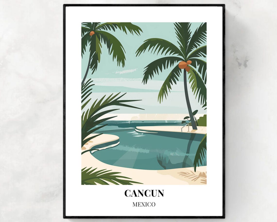 Cancun Mexico Minimalist Pool and Palm Trees Illustrated Travel Poster