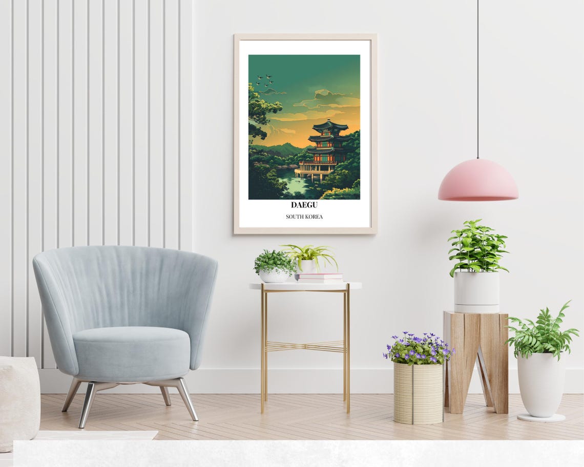 Daegu Lakeside Pavilion at Green and Gold Sunset South Korea Poster - Image 2