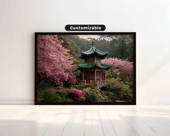 Tea Pavilion On Mountain Terrace In Spring Bloom Japanese Wall Art Print Zen Asian Decor