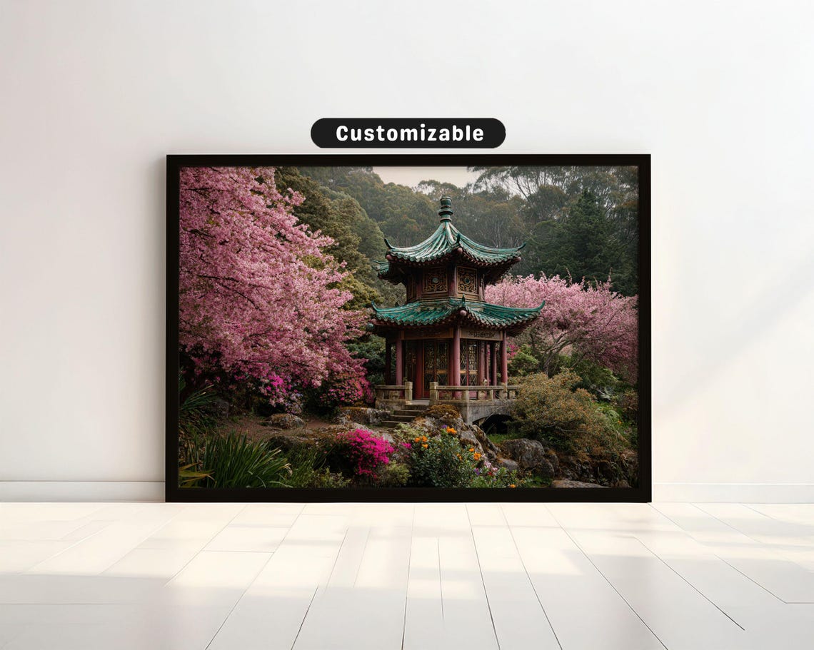 Tea Pavilion On Mountain Terrace In Spring Bloom Japanese Wall Art Print Zen Asian Decor