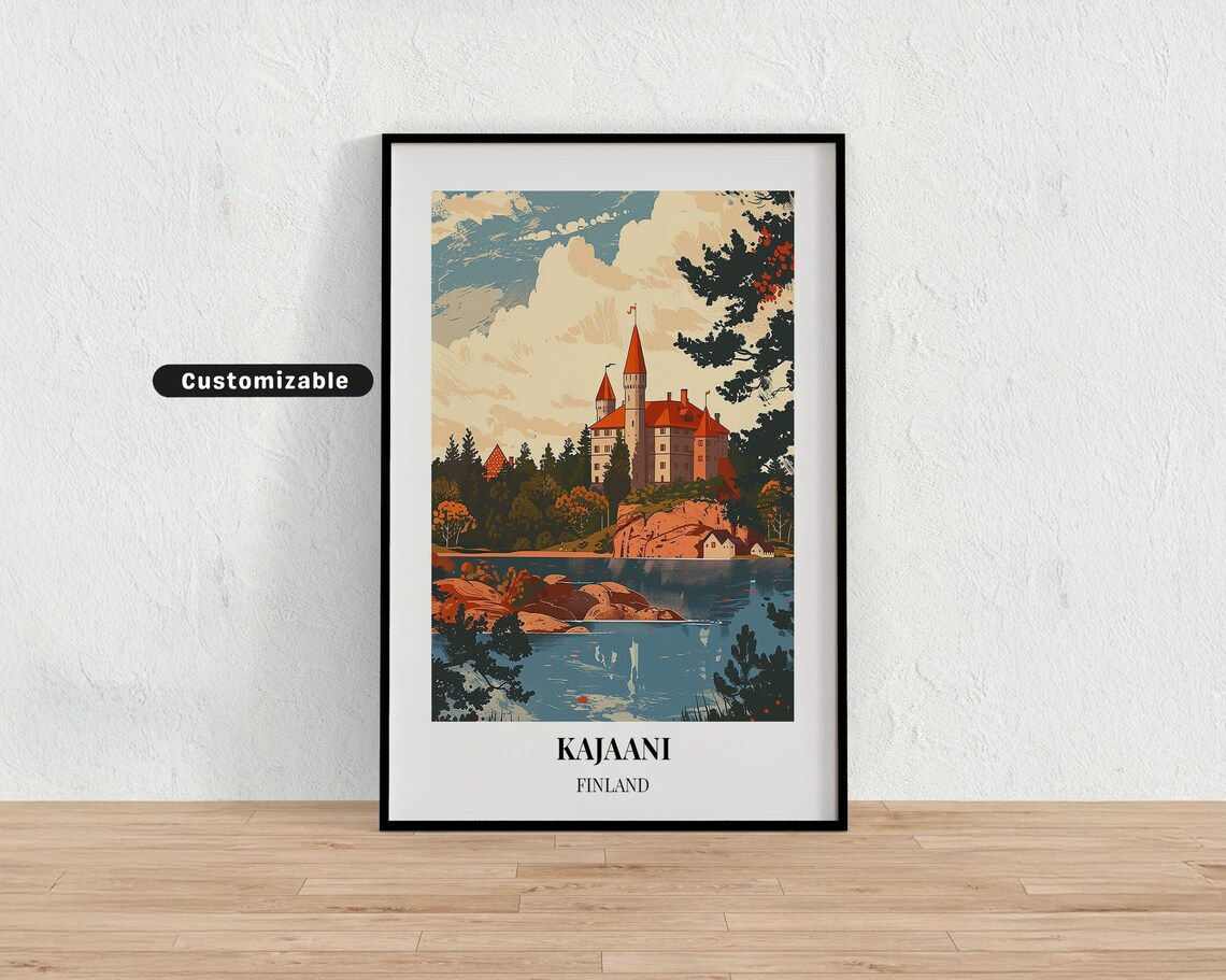Kajaani Finland Castle On Rocky Island Lake Vintage Travel Poster