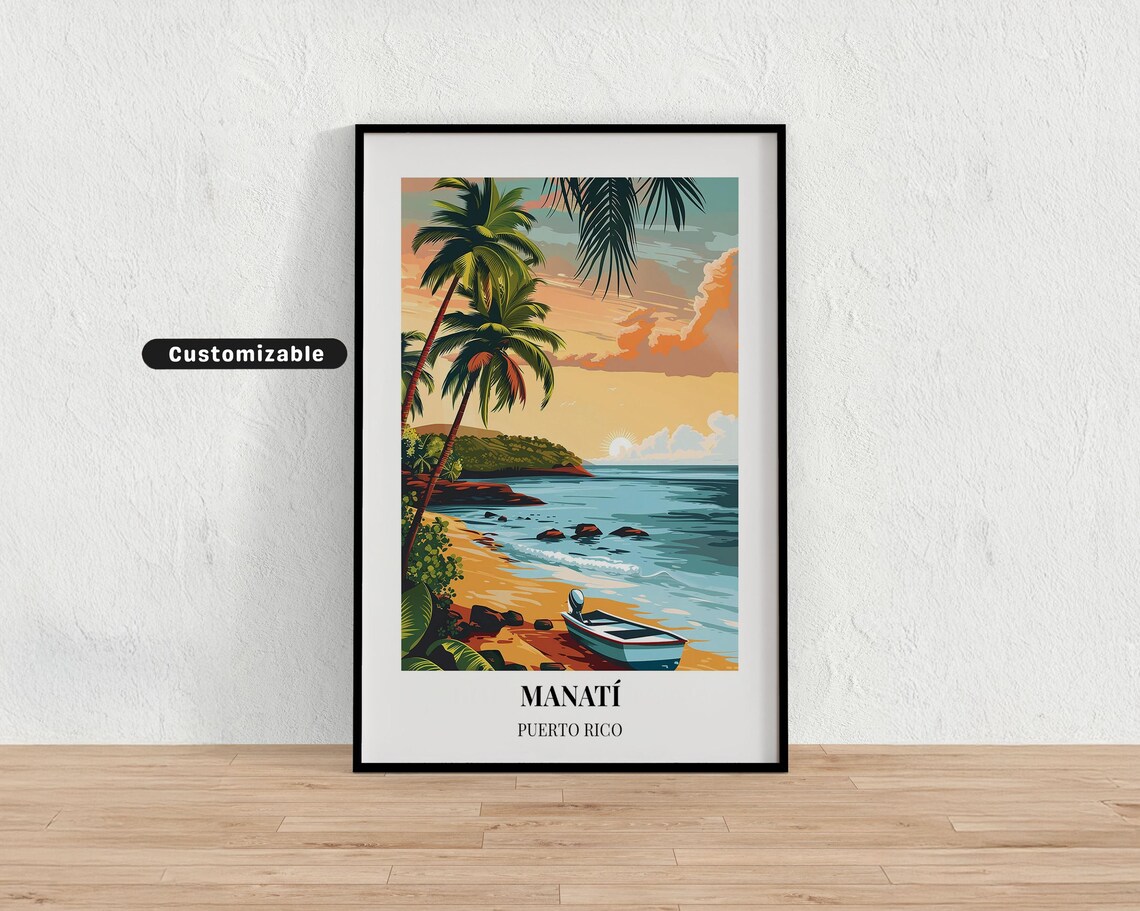 Manati Puerto Rico Sunset Beach Palm Trees Boat Travel Art Poster
