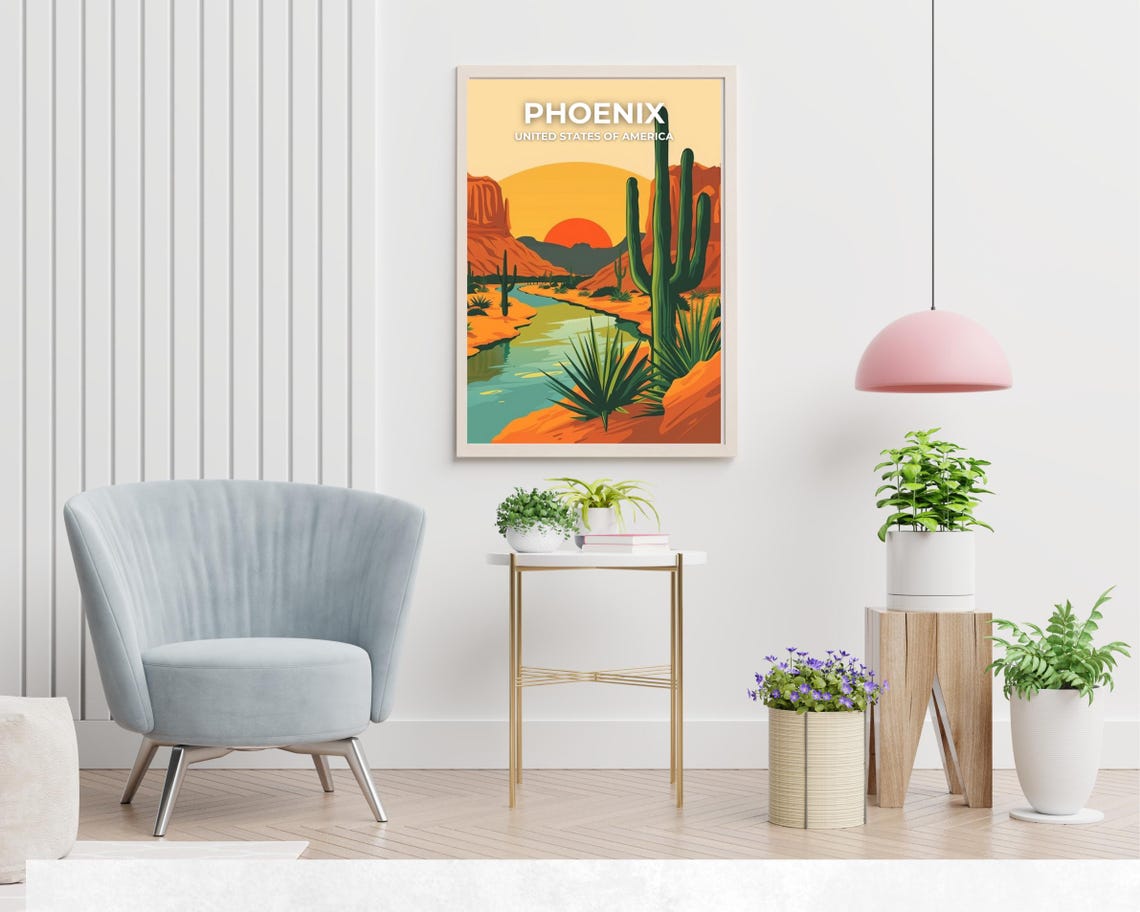 Phoenix Arizona Saguaro Desert Sunset River Scene Travel Poster - Image 2