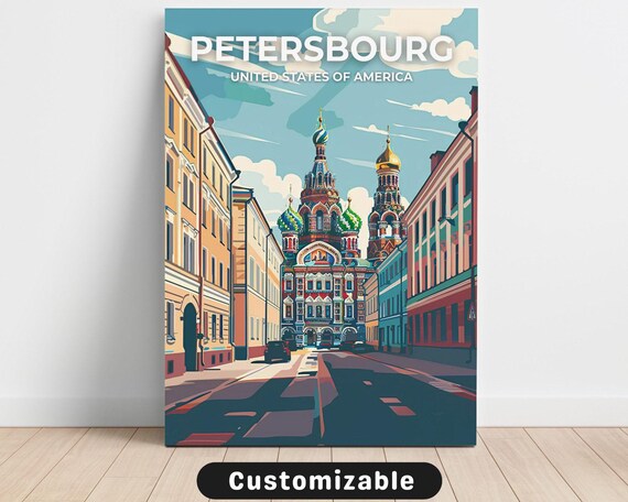 Petersbourg Onion Dome Cathedral Retro Travel Poster Colorful City Artwork