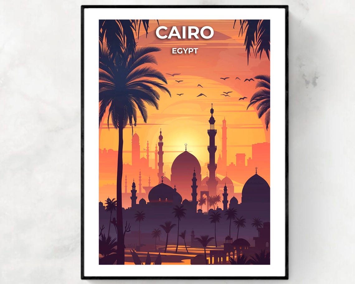 Cairo Egypt Mosque Silhouette Sunset Travel Poster Panoramic