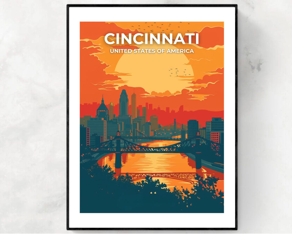 Cincinnati Ohio Blazing Sunset Downtown Skyline Headline Travel Poster