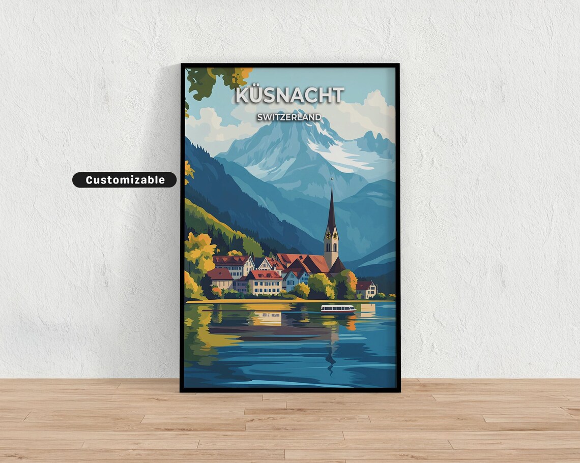 Kusnacht Switzerland Lake Village Church Mountain Lake Travel Poster