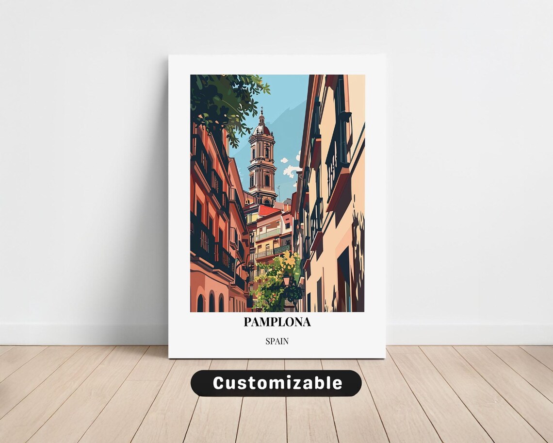 Pamplona Spain Church Bell Tower Sunlit Old Street Travel Poster