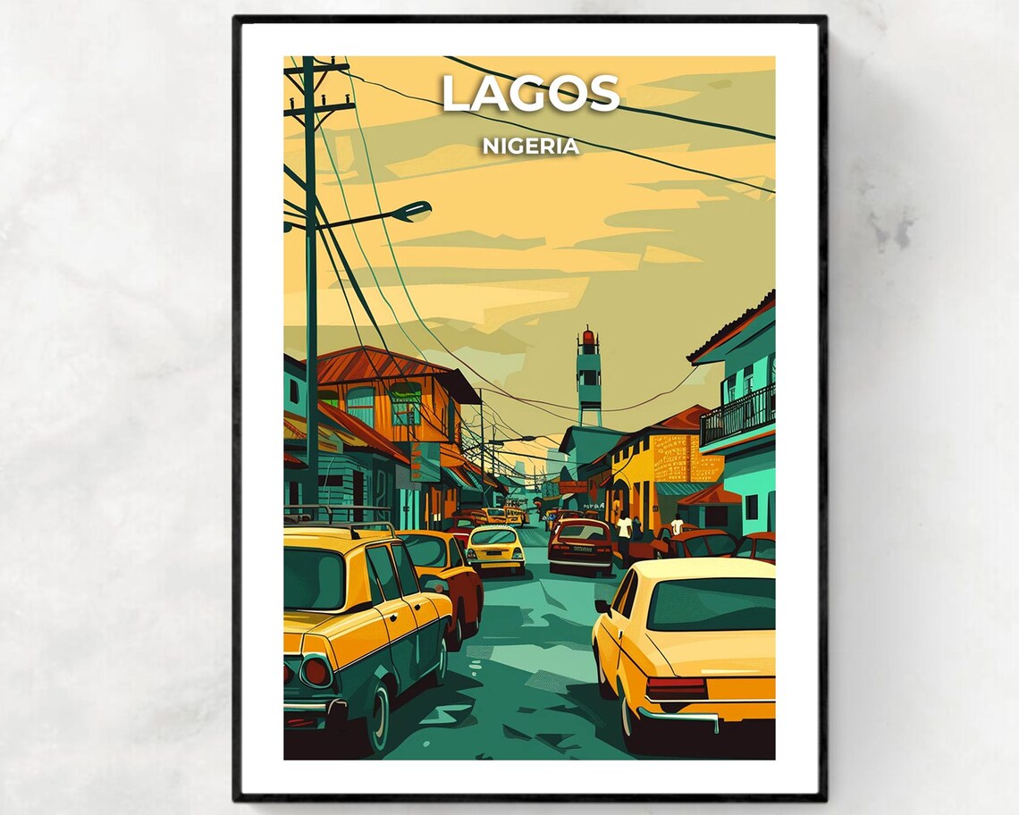 Lagos Nigeria Busy City Street Yellow Taxi Retro Urban Scene Poster