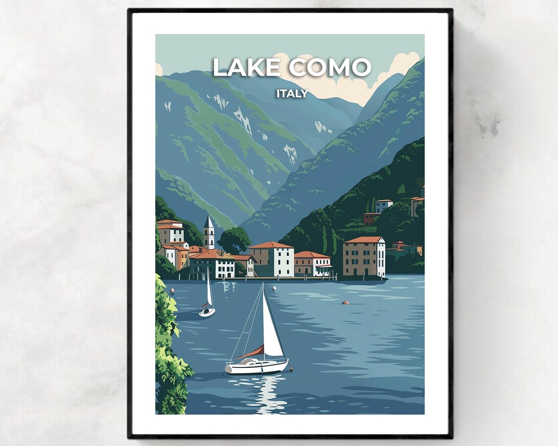 Lake Como Italy Lakeside Village Sailboat Vintage Travel Poster