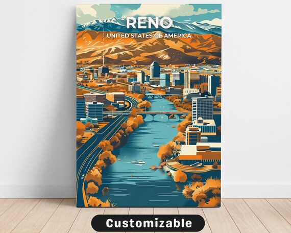 Reno Nevada Downtown Riverfront Autumn Colors Retro Travel Poster
