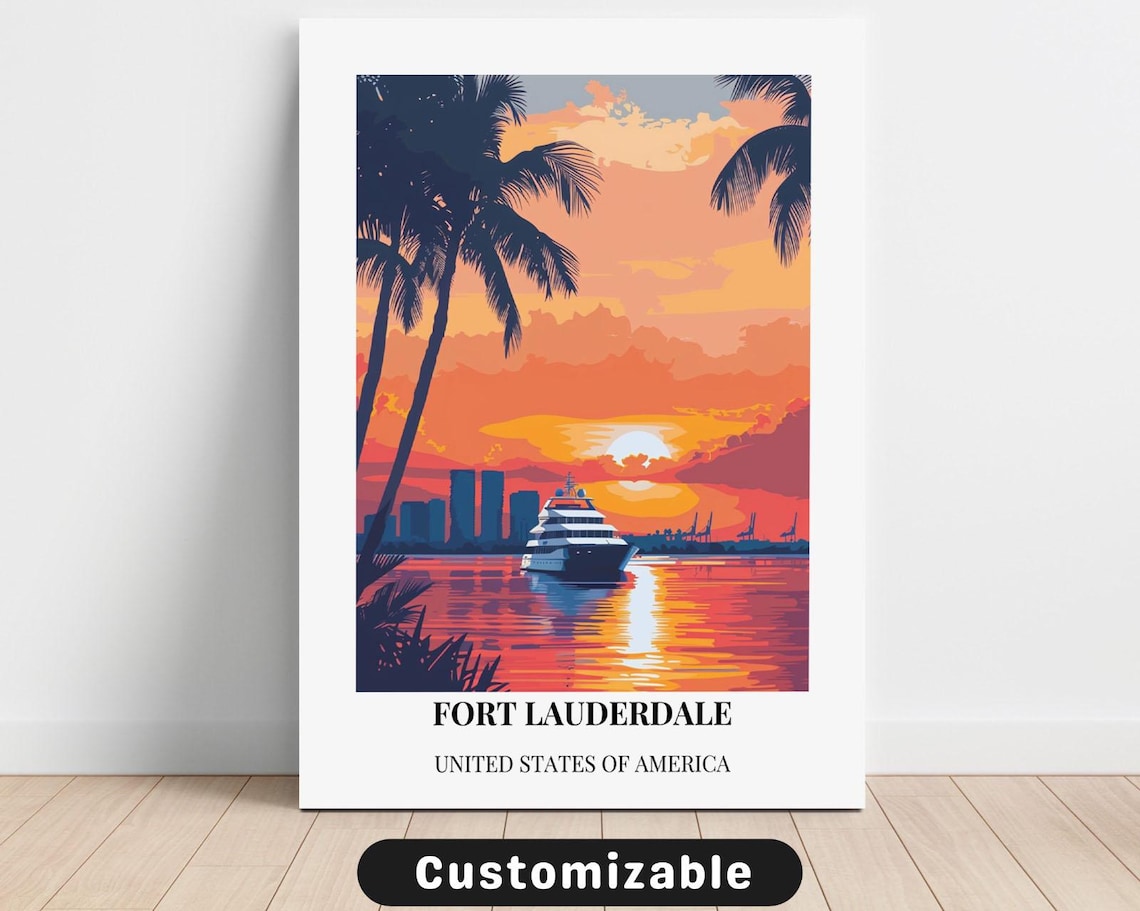 Fort Lauderdale Sunset Harbor Yacht Vintage Travel Art Poster