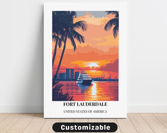 Fort Lauderdale Sunset Harbor Yacht Vintage Travel Art Poster