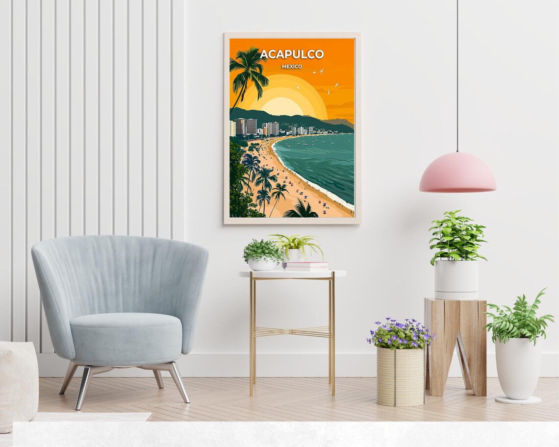 Acapulco Mexico Sunset Beach Bay and Cityscape Travel Poster - Image 2