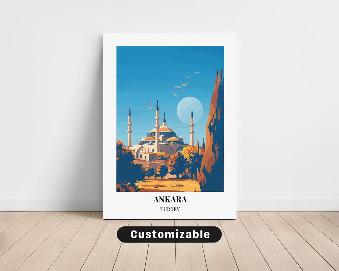 Ankara Turkey Grand Mosque Minarets Sunny Sky Vintage Travel Poster