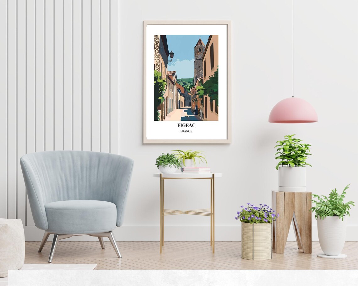 Figeac France Old Town Street With Church Vintage Travel Poster Art - Image 2