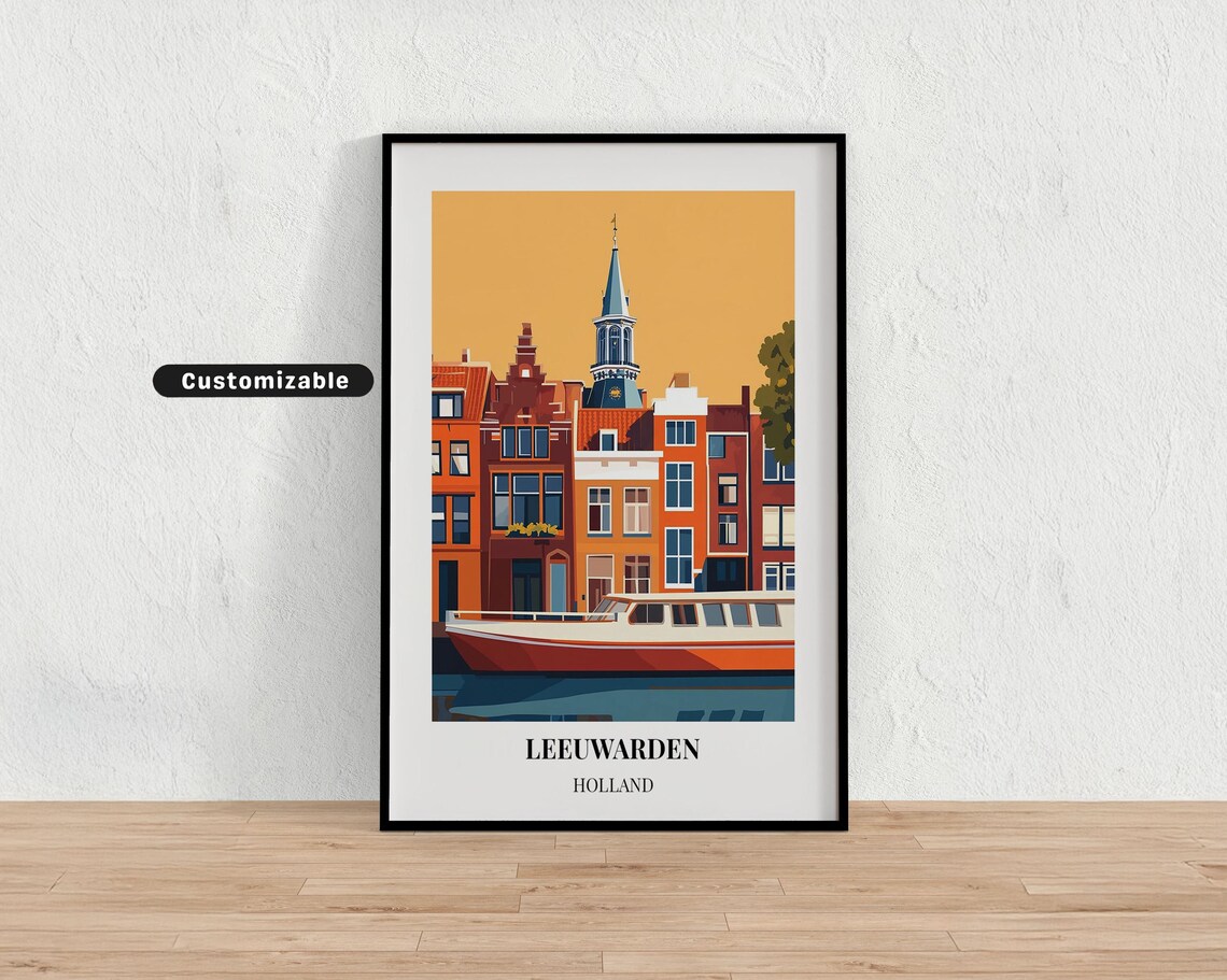 Leeuwarden Holland Sunset Canal Houses Tour Boat Travel Poster