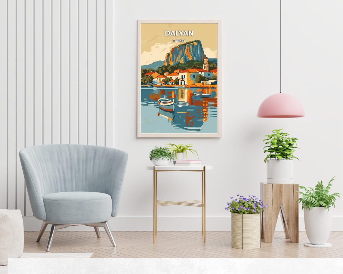 Dalyan Turkey Waterfront Boats Rock Cliff Reflections Travel Poster - Image 2