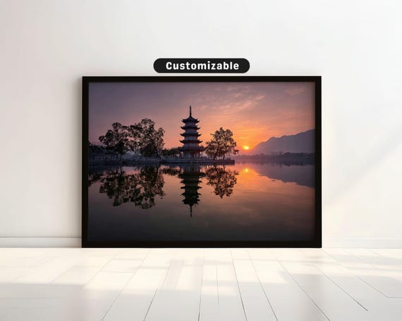 Pagoda Reflected In Peaceful Lake During Sunrise Japanese Wall Art Print Zen Asian Decor