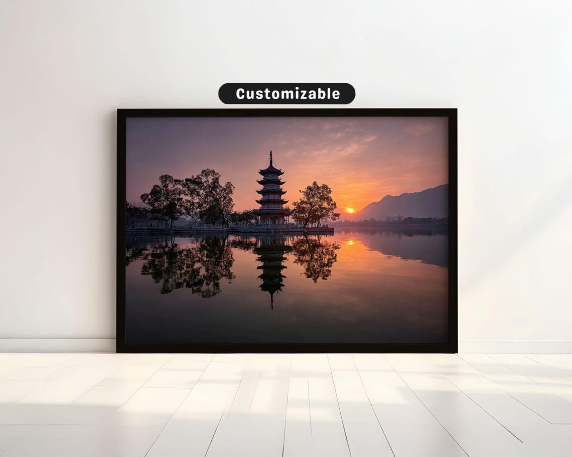Pagoda Reflected In Peaceful Lake During Sunrise Japanese Wall Art Print Zen Asian Decor