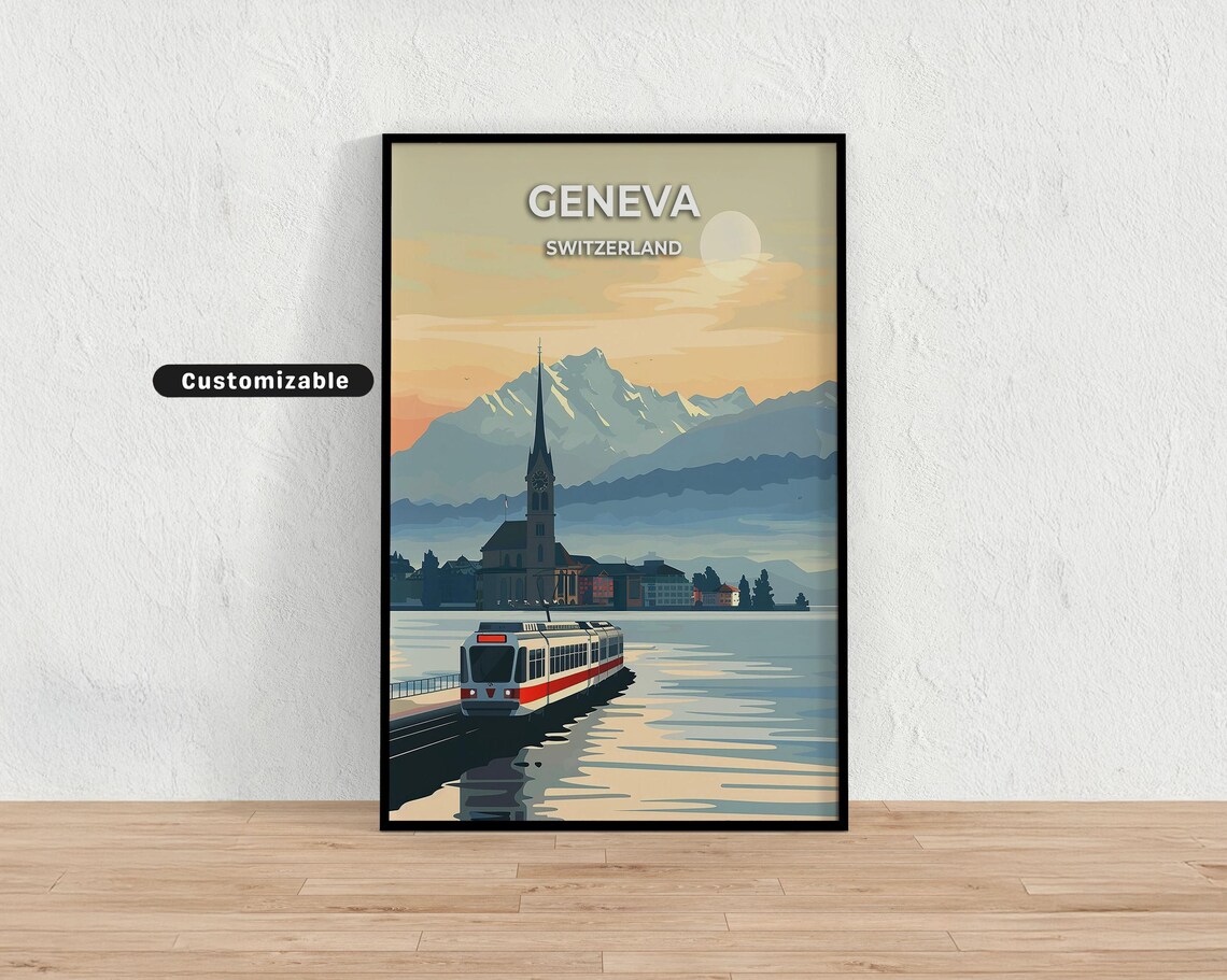 Geneva Switzerland Lakeside Tram Church Mountain Sunset Travel Poster