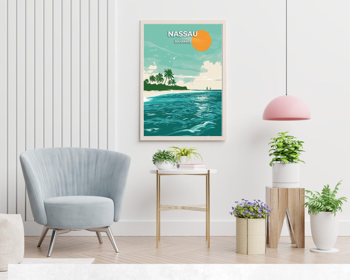 Nassau Bahamas Turquoise Sea and Palm Island Illustrated Travel Poster - Image 2