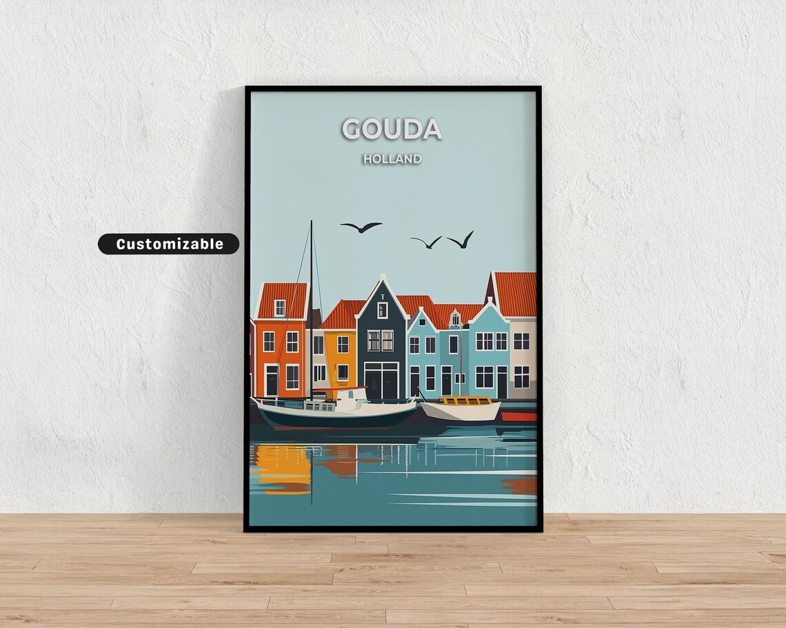 Gouda Holland Harbor Boats Colorful Houses Custom Travel Poster