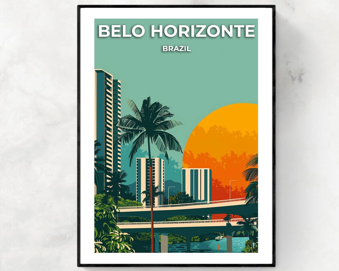 Belo Horizonte Brazil City Poster with Palms Bridge and Orange Sun