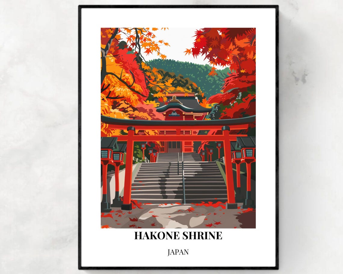 Hakone Shrine Japan Red Torii Gate Maple Forest Stairs Poster