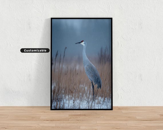 Crane Standing Still In Frozen Marsh Snowstorm Japanese Wall Art Print Zen Asian Decor